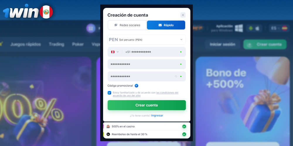 Crear una cuenta en 1win Perú